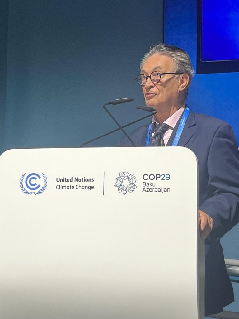 Viktor Sebek delivering a speech at a COP29 side event. He is standing behind a podium displaying the United Nations Climate Change and COP29 Baku Azerbaijan logos, addressing the audience on topics of climate action and cooperation.