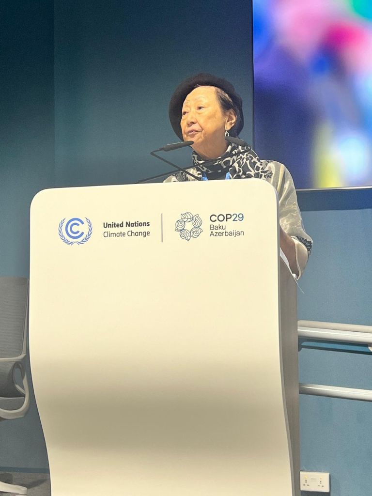 Cecile Alvarez, Director of Earthsavers Philippines and UNESCO Artist for Peace, delivering a speech at a COP29 side event. She stands behind a podium displaying the United Nations Climate Change and COP29 Baku Azerbaijan logos, addressing the role of culture in climate action.