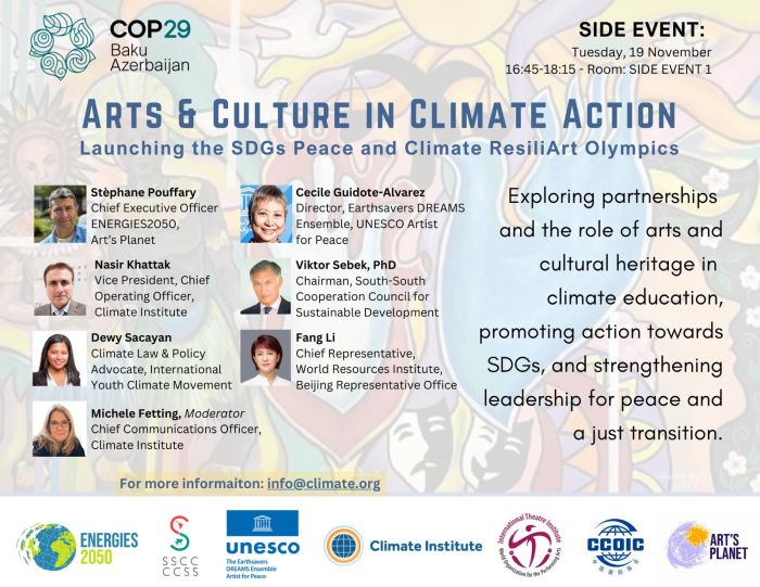 Poster for the "Arts & Culture in Climate Action" event at COP29, highlighting the role of arts and cultural heritage in climate education and SDGs. Features photos and names of panelists, including Stéphane Pouffary, Cecile Alvarez, Viktor Sebek, and others.