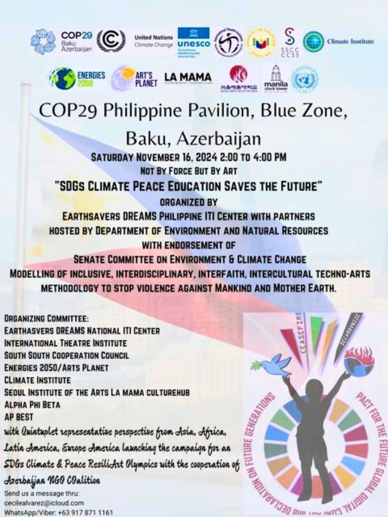 Poster for the COP29 event 'SDGs Climate Peace Education Saves the Future' held at the Philippines Pavilion in Baku, showcasing organizers, partners, and event details.